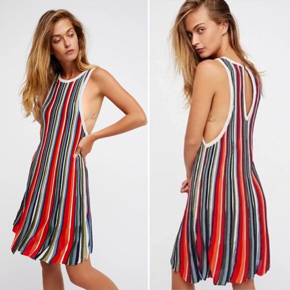 Free People - Rainbow Dragon Mini Dress Metallic Stripe Swing | Small - Picture 1 of 16